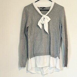 NWT Adrianna Papell Heather Gray Silver Lurex Sweater Faux Button Up Bow Detail